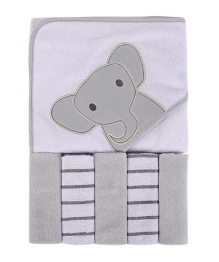 Baby hodded towel with 5 face cloths